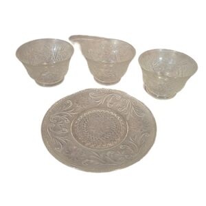 Vintage Tiara Clear Sandwich Glass Saucer and 3 Custard Cups